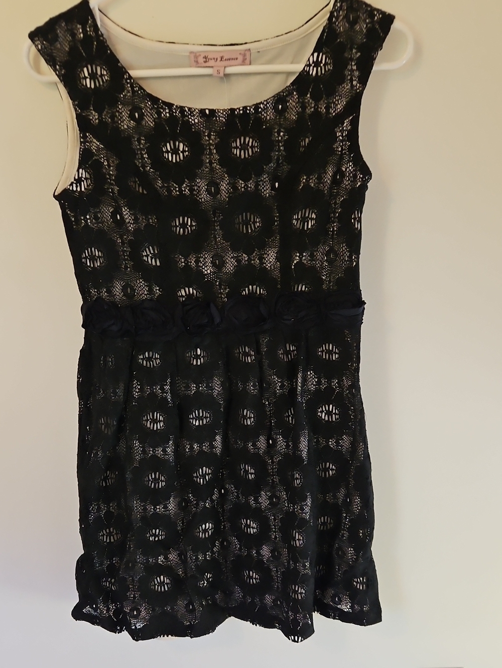 Young Essence Sz S  Black Lace Overlay Dress with Nude Lining and Rosette Belt